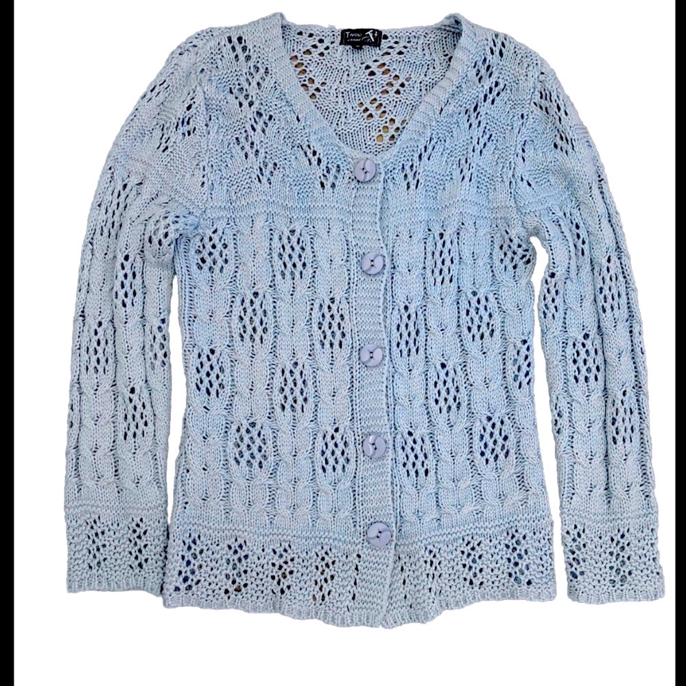 Tivoli of Ireland Knit Pointelle Scalloped Cardigan Sweater Light Blue Medium